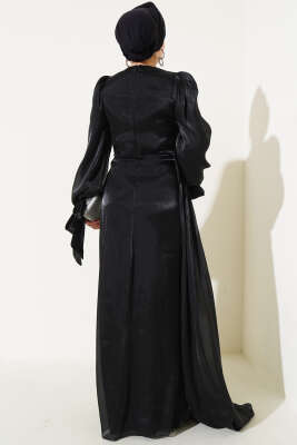 Büzgü Şifon Abiye Elbise Siyah - Tesettür Elbise