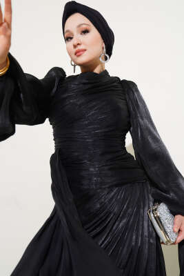 Büzgü Şifon Abiye Elbise Siyah - Tesettür Elbise