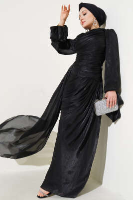 Büzgü Şifon Abiye Elbise Siyah - Tesettür Elbise