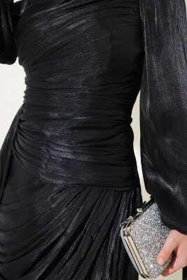 Büzgü Şifon Abiye Elbise Siyah - Tesettür Elbise