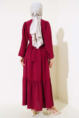 Büzgülü Ayrobin Elbise Bordo - Tesettür Elbise