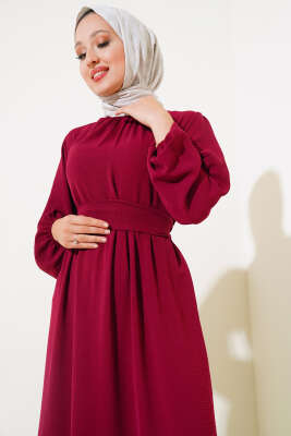 Büzgülü Ayrobin Elbise Bordo - Tesettür Elbise