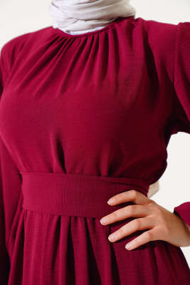 Büzgülü Ayrobin Elbise Bordo - Tesettür Elbise