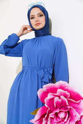 Büzgülü Ayrobin Elbise Indıgo - Tesettür Elbise