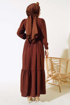 Büzgülü Ayrobin Elbise Kahve - Tesettür Elbise