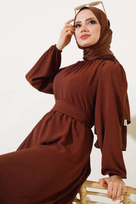 Büzgülü Ayrobin Elbise Kahve - Tesettür Elbise