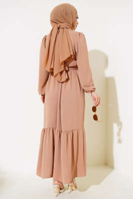 Büzgülü Ayrobin Elbise Latte - Tesettür Elbise