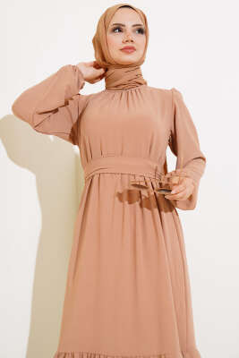 Büzgülü Ayrobin Elbise Latte - Tesettür Elbise