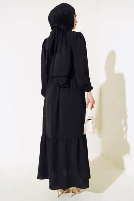 Büzgülü Ayrobin Elbise Siyah - Tesettür Elbise