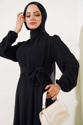 Büzgülü Ayrobin Elbise Siyah - Tesettür Elbise
