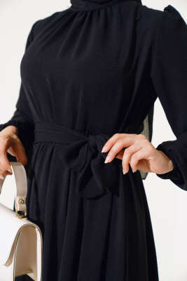 Büzgülü Ayrobin Elbise Siyah - Tesettür Elbise