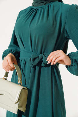 Büzgülü Ayrobin Elbise Zümrüt - Tesettür Elbise