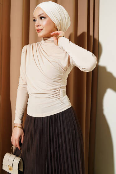 Büzgülü Balıkçı Yaka Sandy Bluz Bej - Bluz