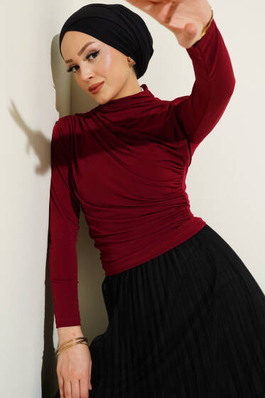 Büzgülü Balıkçı Yaka Sandy Bluz Bordo - Bluz