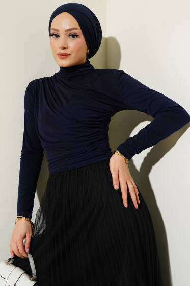 Büzgülü Balıkçı Yaka Sandy Bluz Lacivert - Bluz
