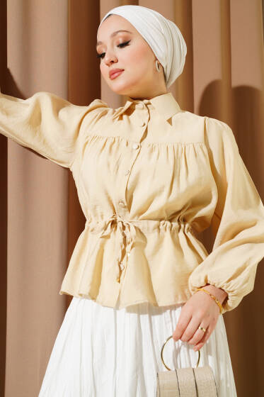 Büzgülü Bel Tünelli Kısa Gömlek Bej - Gömlek