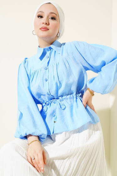 Büzgülü Bel Tünelli Kısa Gömlek Mavi - Gömlek