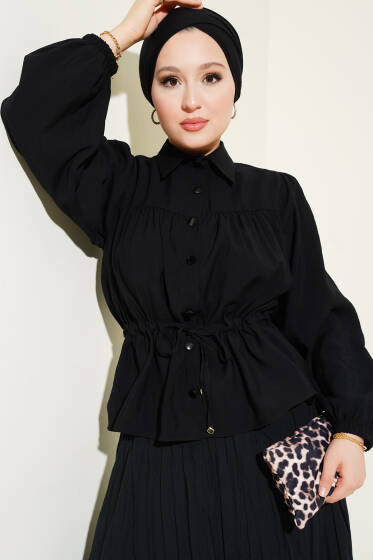 Büzgülü Bel Tünelli Kısa Gömlek Siyah - Gömlek