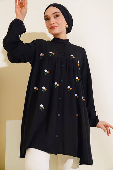 Büzgülü Çiçek Nakışlı Tunik Siyah - Tunik