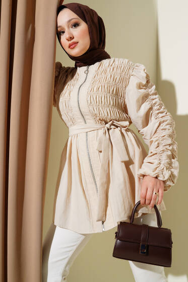 Büzgülü Fermuarlı Kuşaklı Ceket Bej - Ceket