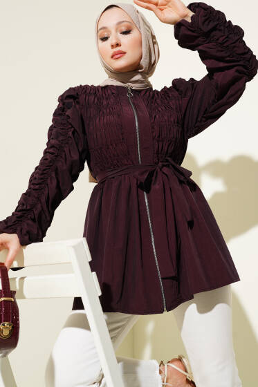 Büzgülü Fermuarlı Kuşaklı Ceket Bordo - Ceket