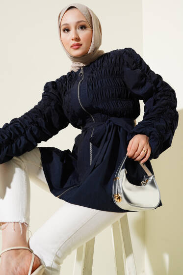 Büzgülü Fermuarlı Kuşaklı Ceket Lacivert - Ceket