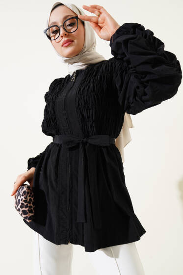 Büzgülü Fermuarlı Kuşaklı Ceket Siyah - Ceket