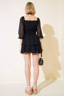 Büzgülü Fırfırlı Şifon Elbise Siyah - Thumbnail