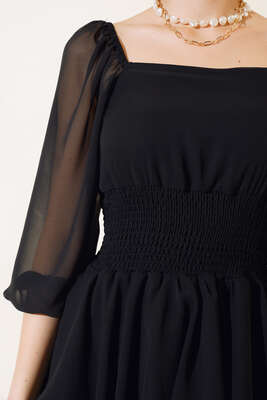 Büzgülü Fırfırlı Şifon Elbise Siyah - Thumbnail