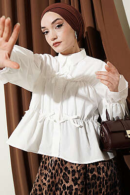 Büzgülü Fiyonklu Kısa Gömlek Beyaz - VAV TEKSTİL