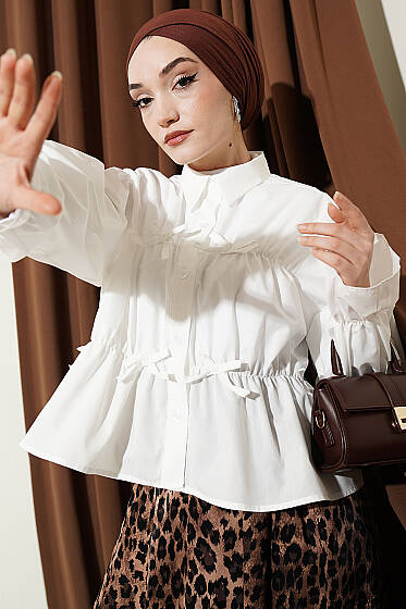 Büzgülü Fiyonklu Kısa Gömlek Beyaz - Gömlek