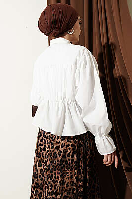 Büzgülü Fiyonklu Kısa Gömlek Beyaz - Gömlek