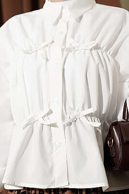 Büzgülü Fiyonklu Kısa Gömlek Beyaz - Gömlek