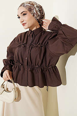 Büzgülü Fiyonklu Kısa Gömlek Kahve - VAV TEKSTİL