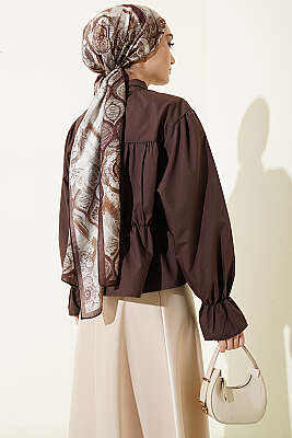 Büzgülü Fiyonklu Kısa Gömlek Kahve - Gömlek