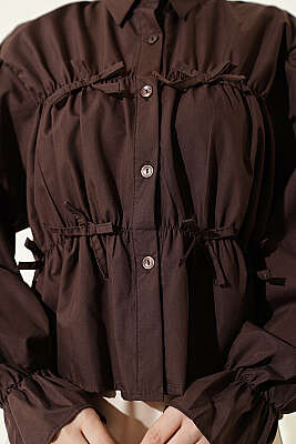 Büzgülü Fiyonklu Kısa Gömlek Kahve - Gömlek