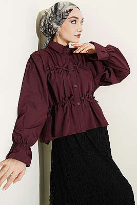 Büzgülü Fiyonklu Kısa Gömlek Mürdüm - VAV TEKSTİL