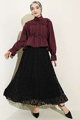 Büzgülü Fiyonklu Kısa Gömlek Mürdüm - Gömlek