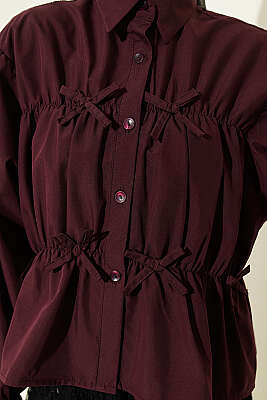 Büzgülü Fiyonklu Kısa Gömlek Mürdüm - Gömlek