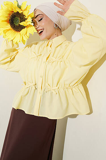Büzgülü Fiyonklu Kısa Gömlek Sarı - Gömlek