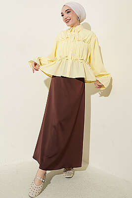 Büzgülü Fiyonklu Kısa Gömlek Sarı - Gömlek