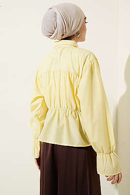 Büzgülü Fiyonklu Kısa Gömlek Sarı - Gömlek