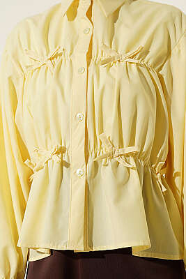 Büzgülü Fiyonklu Kısa Gömlek Sarı - Gömlek