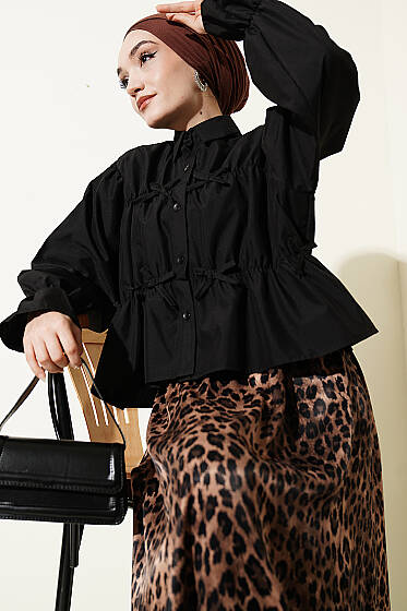 Büzgülü Fiyonklu Kısa Gömlek Siyah - Gömlek