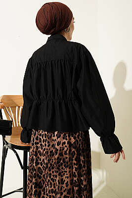 Büzgülü Fiyonklu Kısa Gömlek Siyah - Gömlek