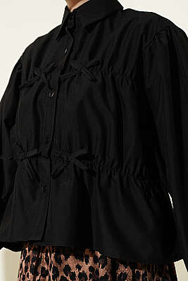 Büzgülü Fiyonklu Kısa Gömlek Siyah - Gömlek