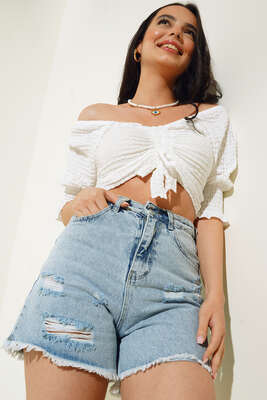 Büzgülü Gofre Crop Bluz Ekru - Kadın Giyim Modelleri