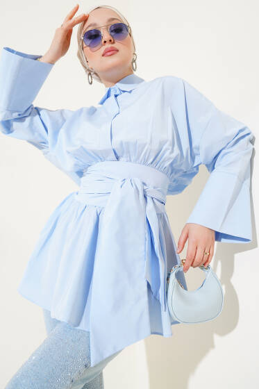 Büzgülü Kendinden Kuşaklı Tunik Bebe Mavi - Tunik