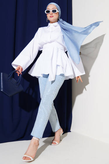 Büzgülü Kendinden Kuşaklı Tunik Beyaz - Tunik