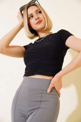 Büzgülü Kısa Kol Bluz Siyah 